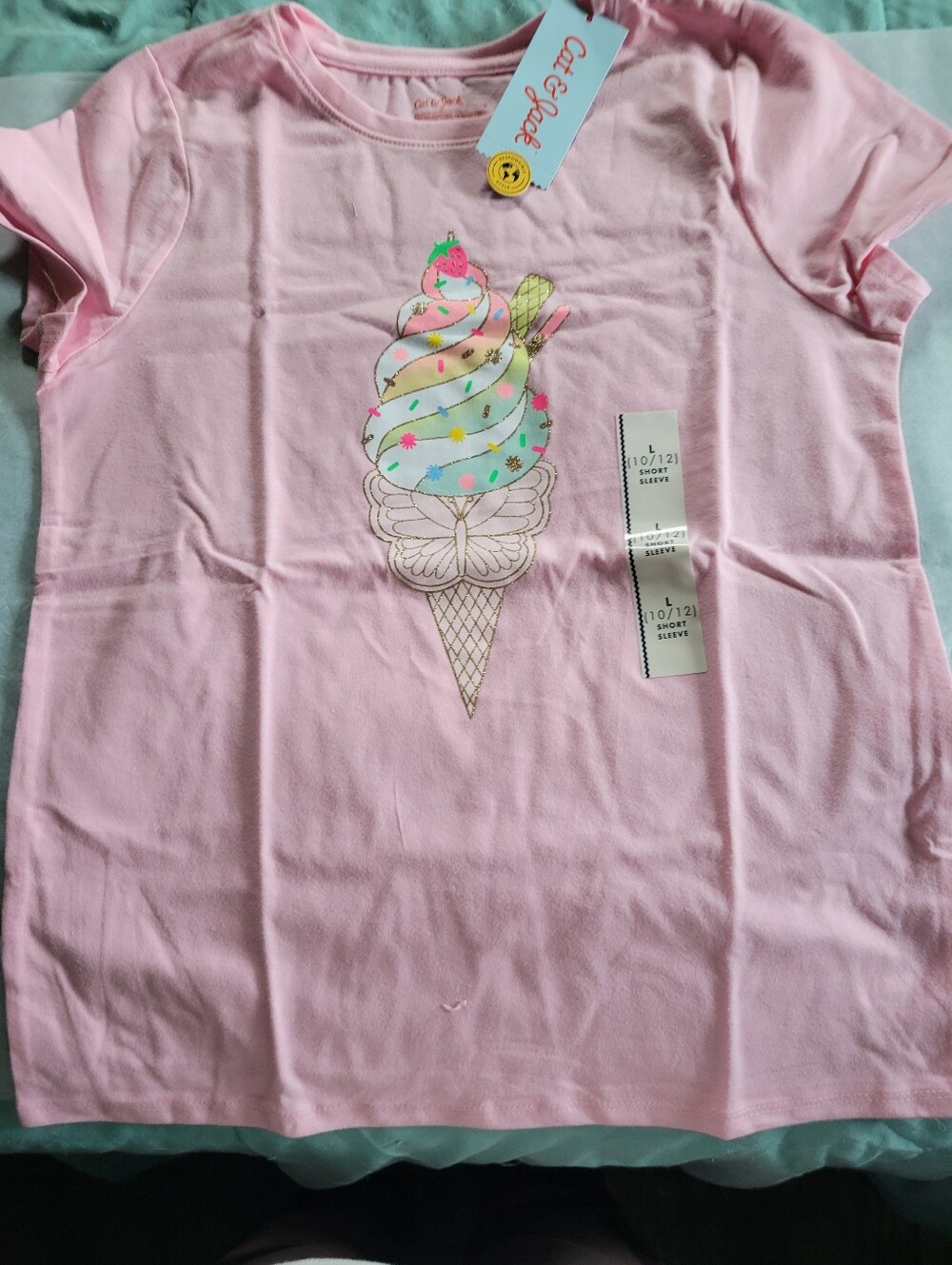 Cat & Jack Pink Short Sleeve Tee with Rainbow Ice Cream Graphic - L(10/12)